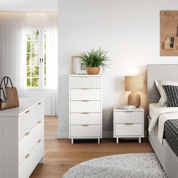 Manhattan Comfort Granville White 5-Drawer Tall Dresser, 6-Drawer Double Dresser, and 2-Drawer Nightstand, Set of 3 GRAN071 - main